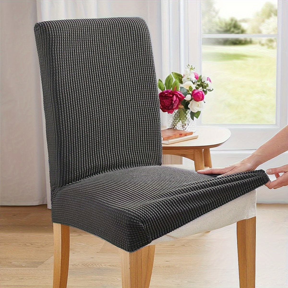 Durable waterproof chair covers in corn grain jacquard design, suitable for various settings. Easy to clean and ideal for home or restaurant use.