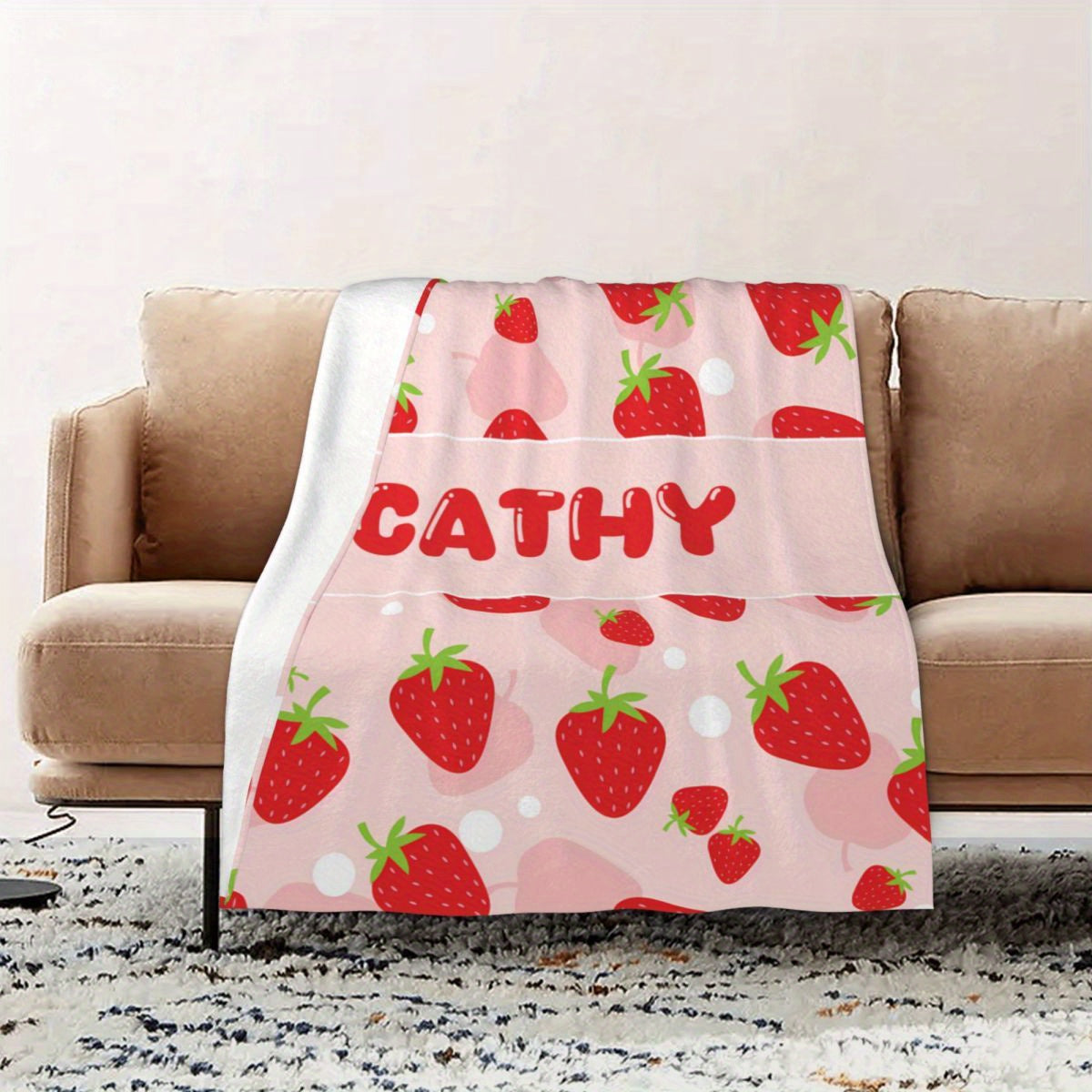 Personalized Strawberry Blanket for Girls and Women - Customizable Gift Perfect for Mom, Adults, and Travel - Soft and Lightweight Throw with Cute Strawberry Theme - Ideal for Valentine's, Birthday, or Christmas - Made of Polyester, Rectangular Shape