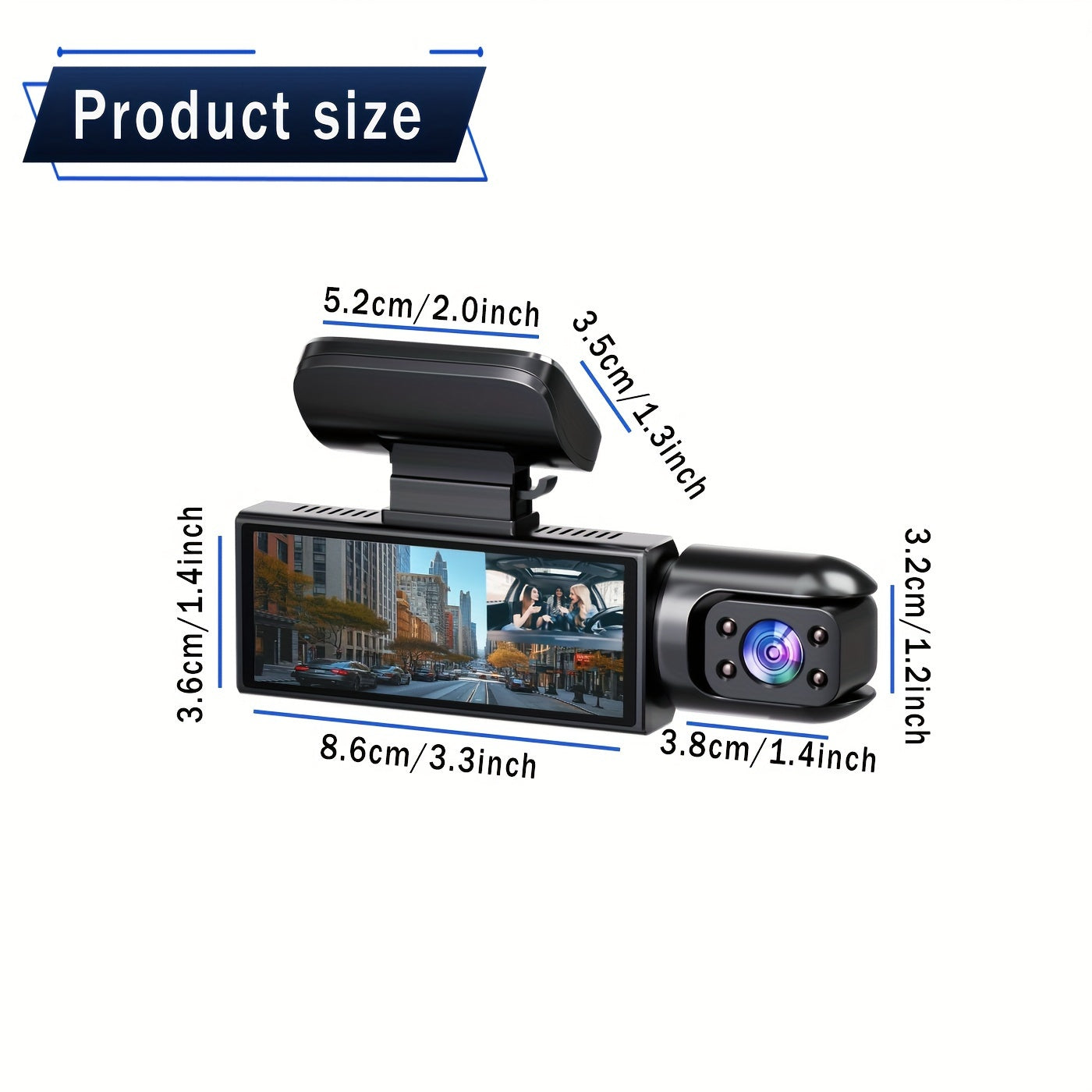 XIMIKATU 1080P Dual Camera Dash Cam with IR Night Vision, Loop Recording, Wide Angle Lens, 8.03 cm IPS Screen - Black, Button Control, LCD Display, Driver Side Placement, Rechargeable