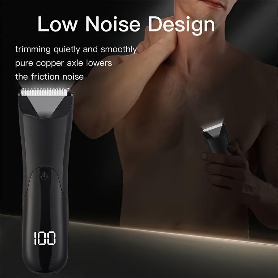 Electric trimmer for men's body and groin hair with ceramic blade head and USB rechargeable 500mAh lithium battery.