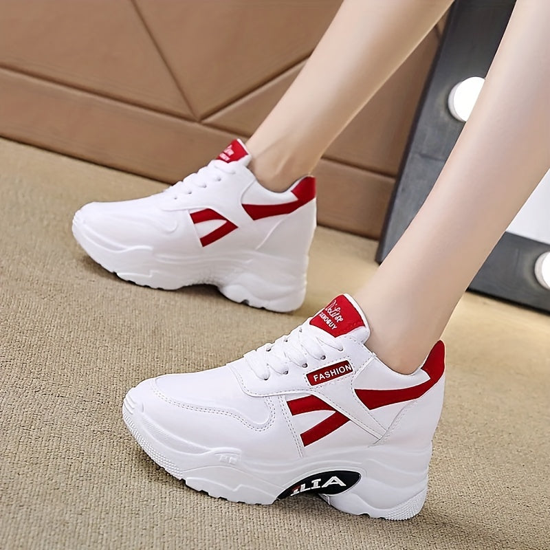 Women's Casual Dad Sneakers - White with Red Accents, Thick 8cm Sole, Lace-Up, Versatile Height Increase Shoes, Chunky Sole, Durable Rubber Sole