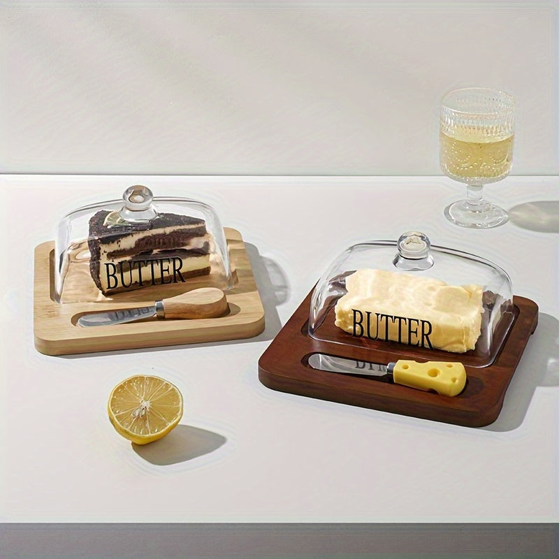 Glass cover box with knife for cheese, butter, sandwiches, cake, and dessert.