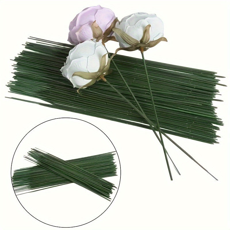 Plastic-coated iron stems for artificial flower head sticks, ideal for wedding decor. Available in packs of 50, 100, or 200.