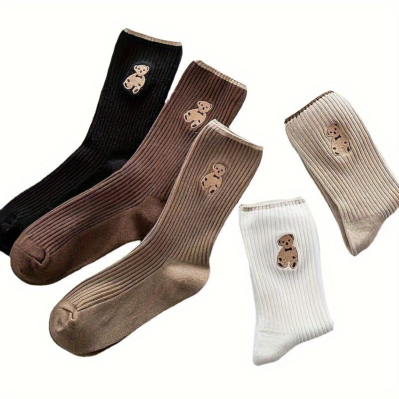 5 pairs of cute cartoon bear embroidered crew socks for women made from soft, breathable polyester knit with spandex. Hand wash recommended. Ideal for casual or sports wear.