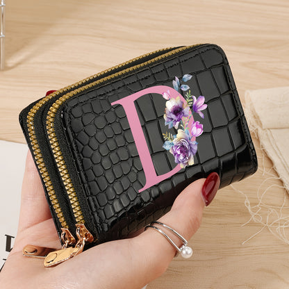 Stylish women's crocodile pattern wallet with "P" design, double zipper handbag in black, white, and pink. Fashionable coin purse for travel and daily use, school accessory with a textured