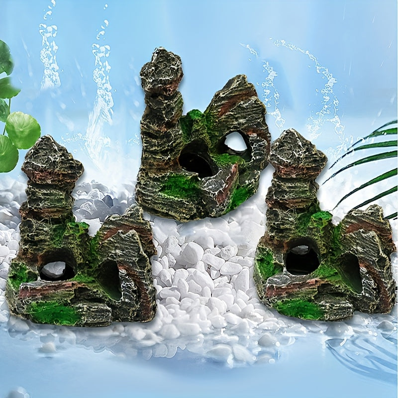 1 piece Resin Rockery Aquarium Ornament with lifelike moss-covered faux mountain and cascading waterfall, perfect for fish tank landscaping and decoration. peaceful and textured finish.