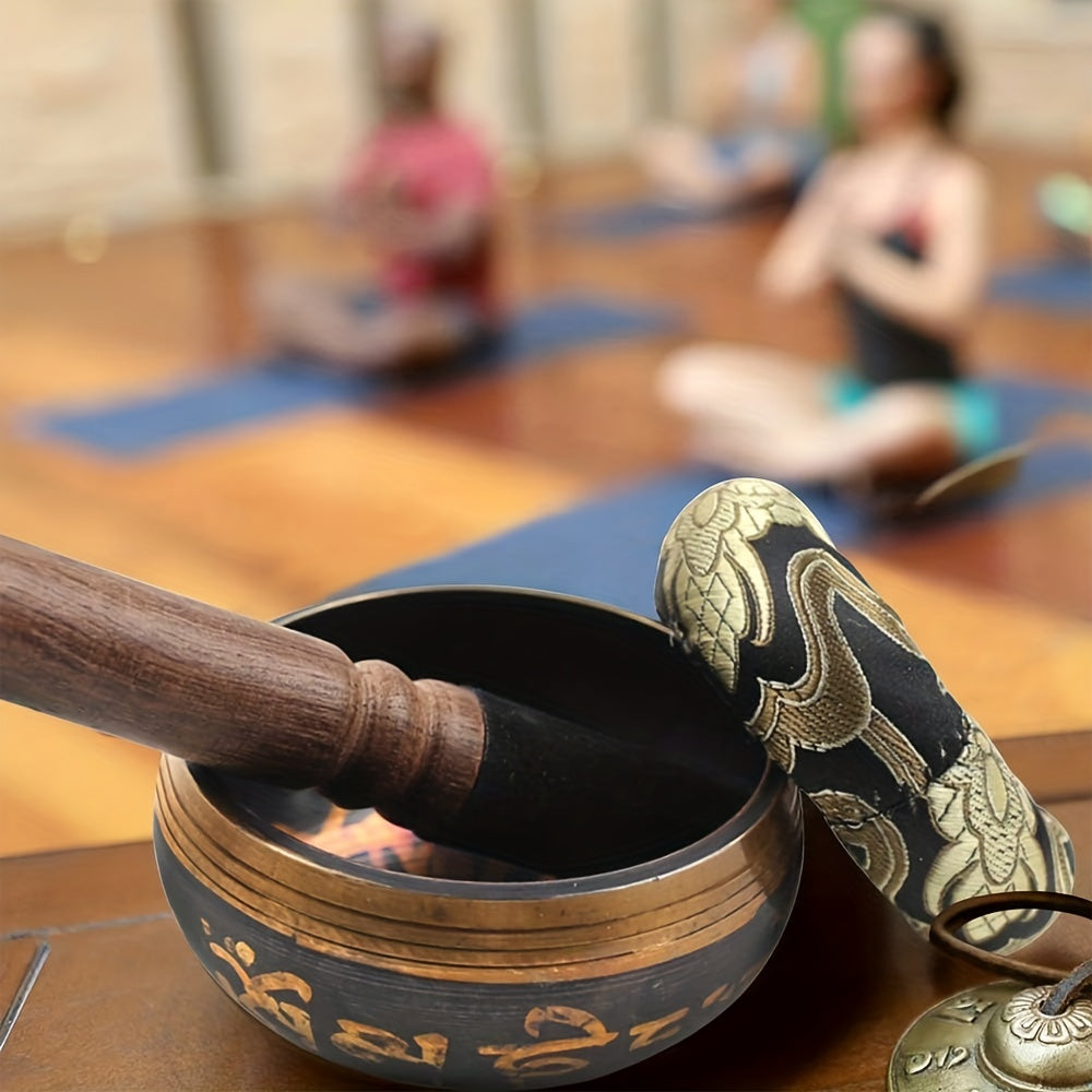 Handcrafted Tibetan Singing Bowls Set includes hammered copper sound bowl, mallet, and drawstring bag for yoga, meditation, and chakra balancing.