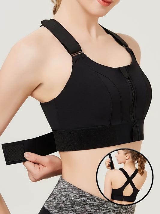 Women's Plus Size high support racerback sports bra with front zipper, adjustable straps, non-removable pads, made of polyester fabric. Suitable for yoga, Zumba, and running.