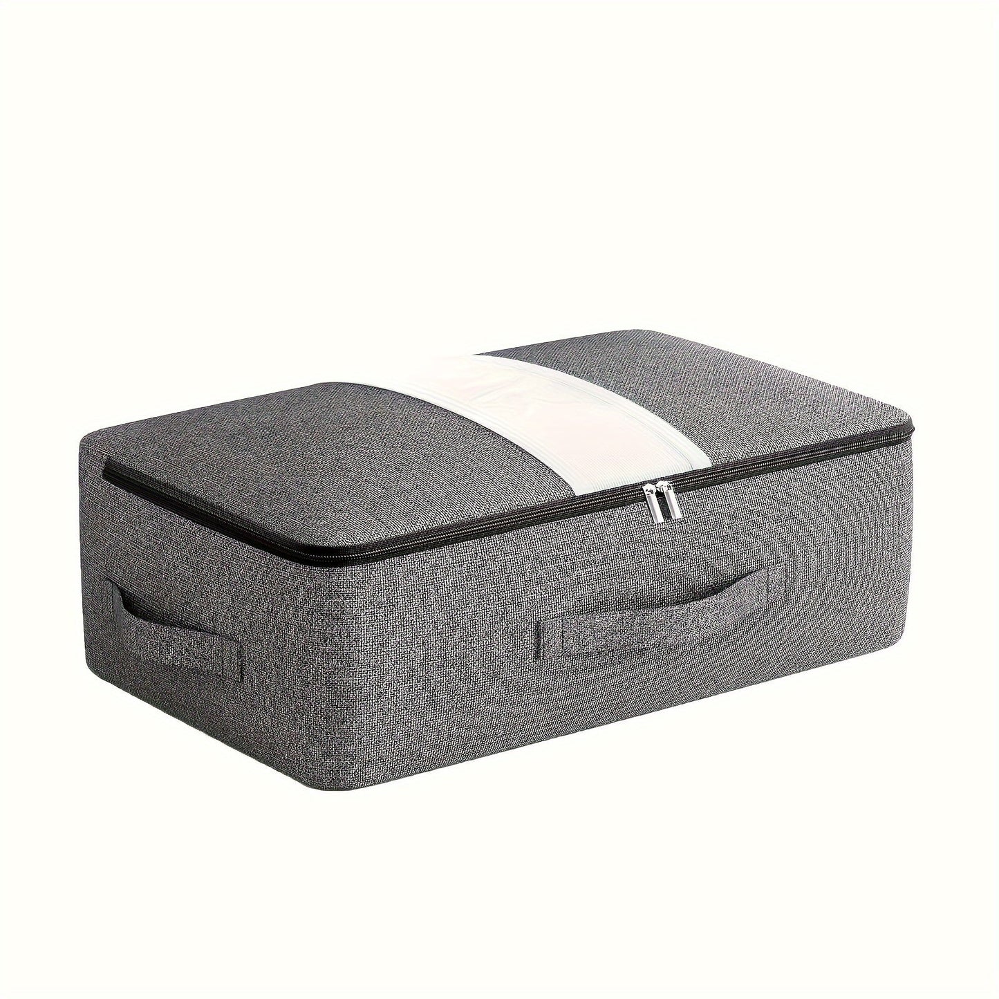 Under-bed storage bag with transparent window, handle, and generous capacity for storing clothes, quilts, and blankets.