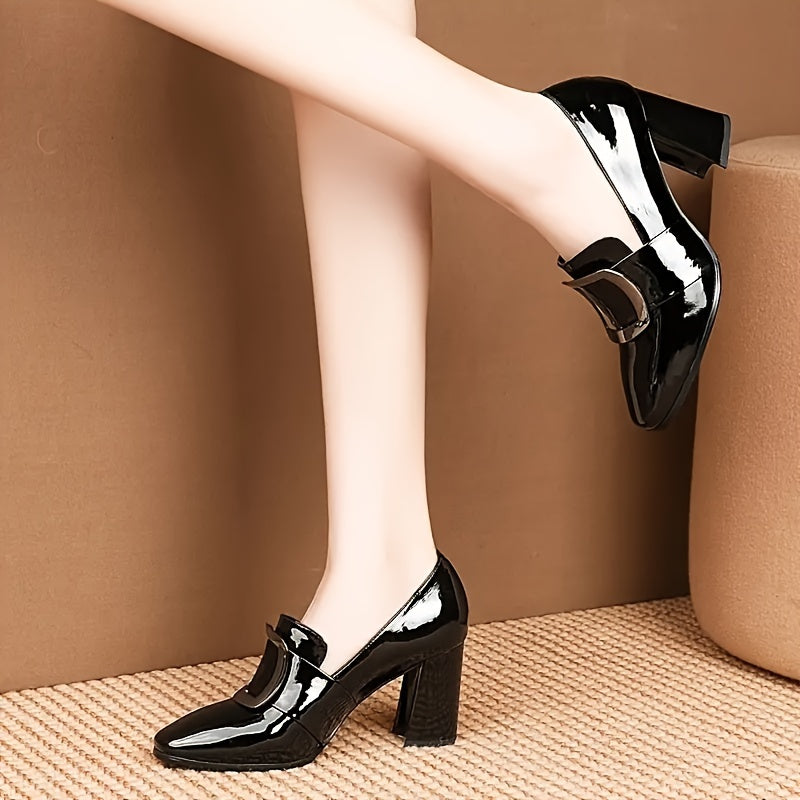 Buckle detail pumps with pointed toe, high heels, ideal for office wear.