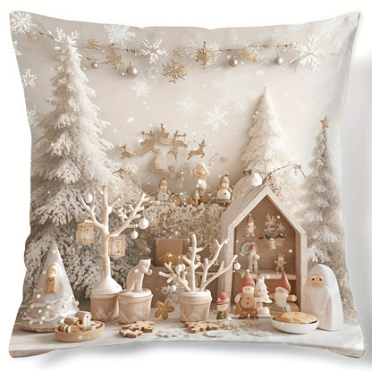 Contemporary style 1pc throw pillow cover with snowy trees and festive snowmen pattern, made of 100% polyester woven fabric. Digital print on single-sided, with zip closure. Hand wash only. Versatile room decor, 43.18x43.18 cm. (Insert not included)