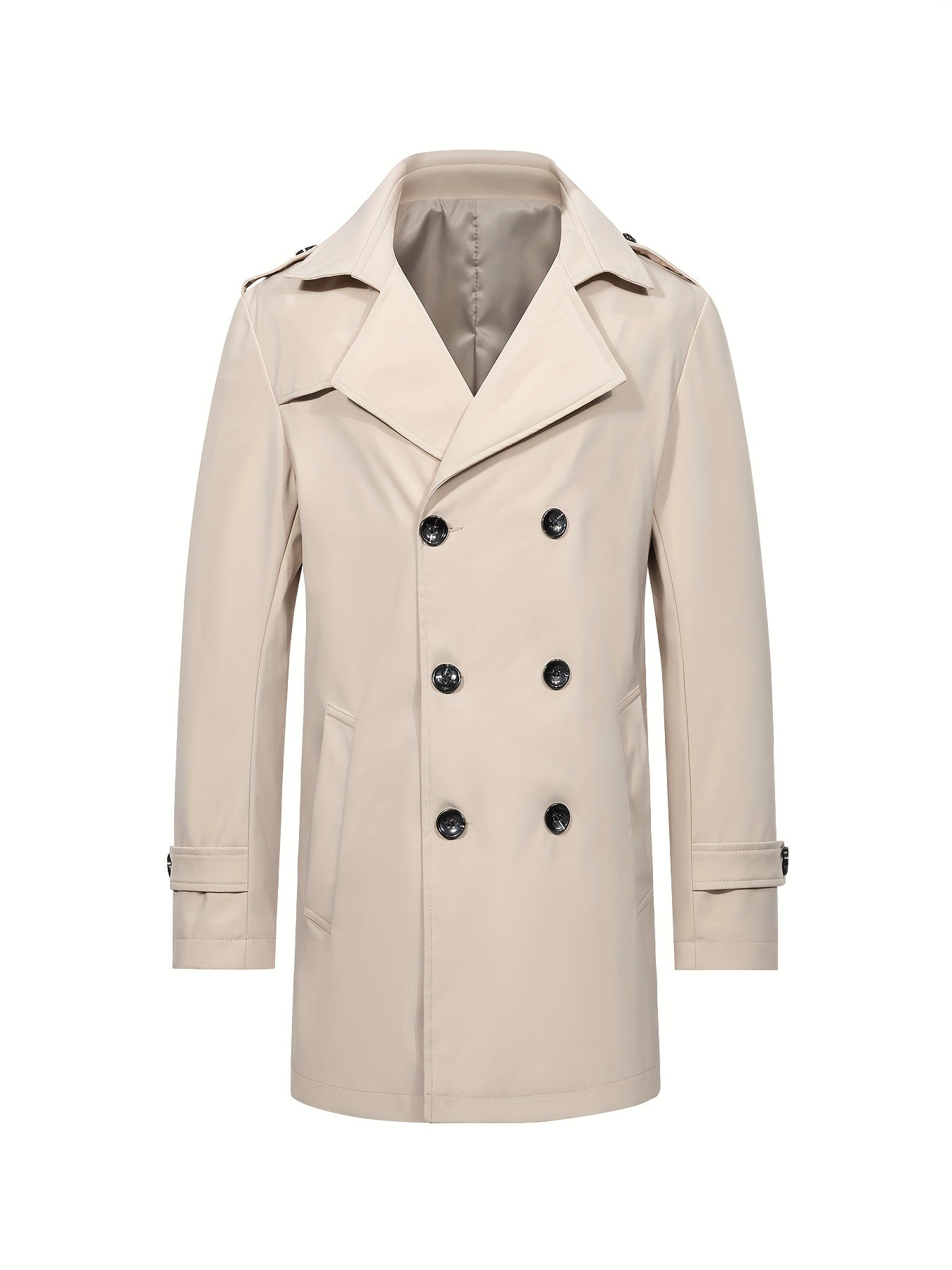 Men's mid-length trench coat with double-breasted design in solid color, ideal for business and casual wear.