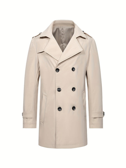 Men's mid-length trench coat with double-breasted design in solid color, ideal for business and casual wear.