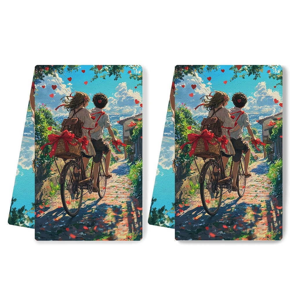 This set includes 2 ultra-soft kitchen towels showcasing an anime couple riding a tandem bicycle decorated with red ribbons and heart-shaped bells on a scenic country road. These highly absorbent dish towels are ideal for holiday decor, can be easily