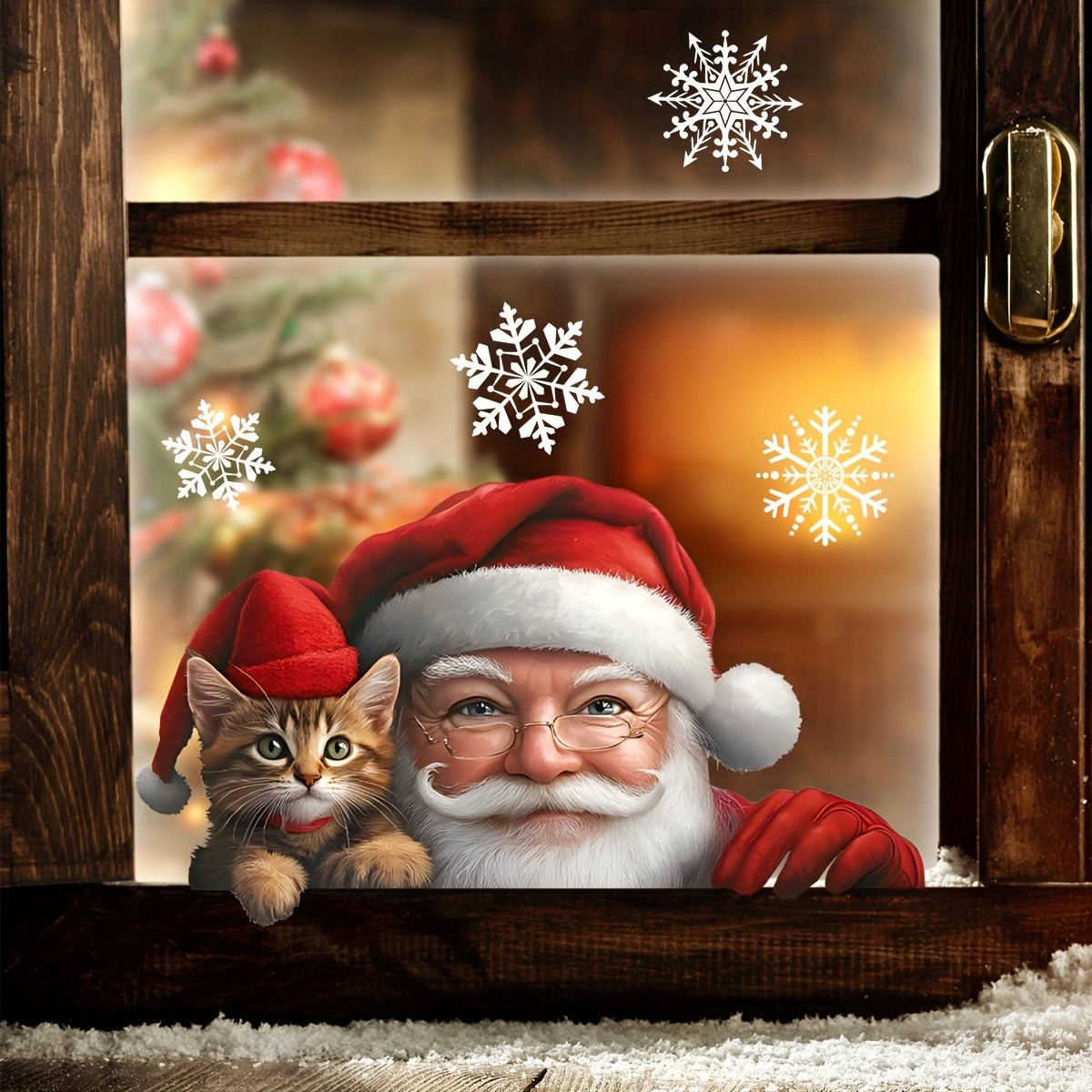 Santa Claus and Cat Christmas glass sticker with double-sided static cling, perfect for plastic surfaces. This self-adhesive window decal is made of 20-silk PVC and is perfect for festive holiday decor. Item D13508-KN is for single use only.