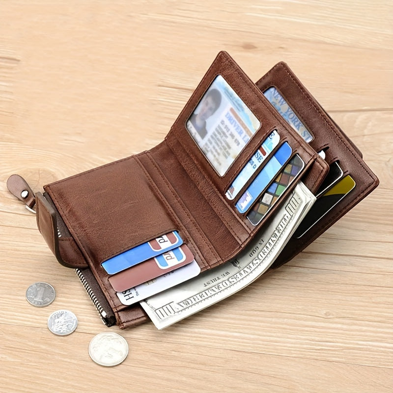 Men's PU leather wallet with RFID blocking, zipper closure, coin purse, and durable polyester interior.