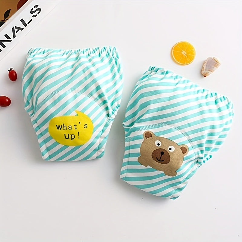 Ocean Green Striped Baby Diaper Cover with Bear Print, Korean Style, Waterproof Cloth Nappy Wrap, Washable & Reusable, Soft Breathable Knit Fabric Training Pants for Babies