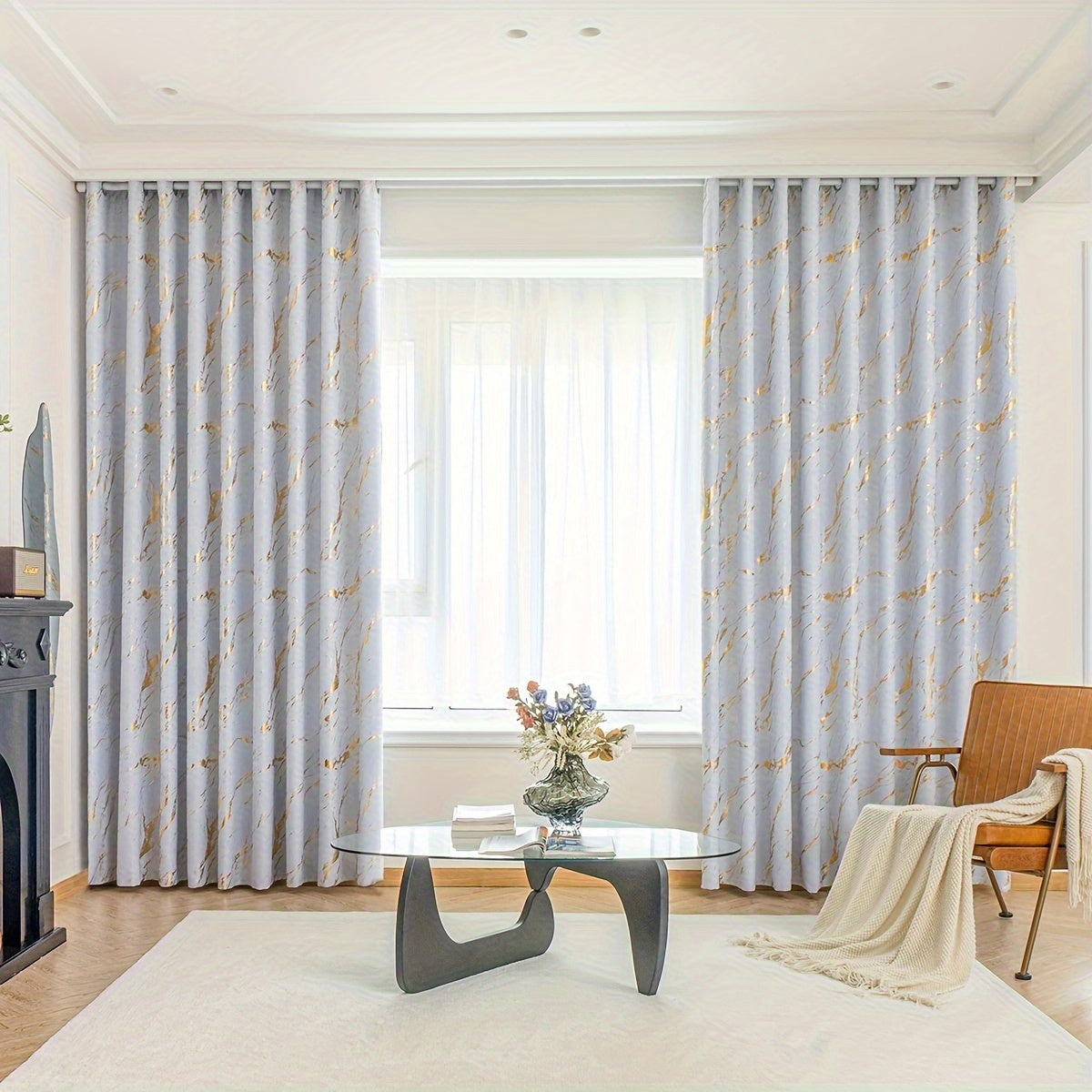 Two pieces of bronzed marble print curtains for bedroom and living room. These blackout and sunscreen curtains are great for home decor.