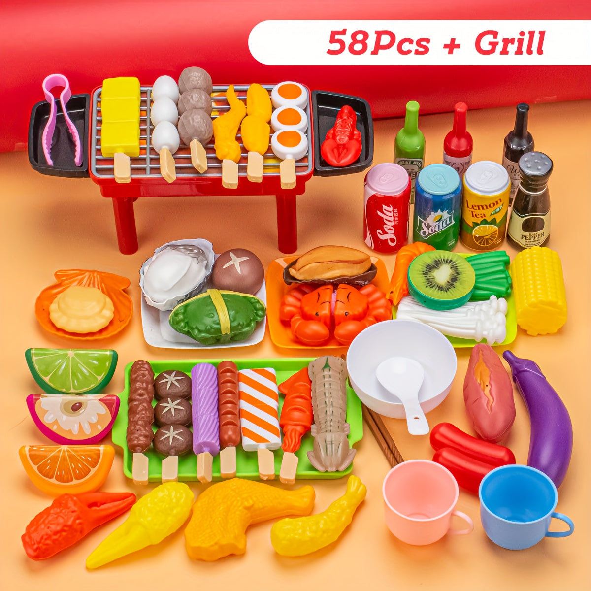 YONRA Kitchen Pretend Play Toys, Barbecue Set, Children's Cooking Toys, Simulation Food, Multi-set Gift For Kids, Girls, Boys, Toddlers