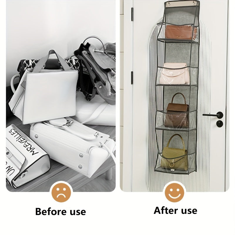 Wall-mounted storage bag with multiple layers for dormitory use, designed to hang behind doors and featuring a transparent design for visibility and multifunctional storage.