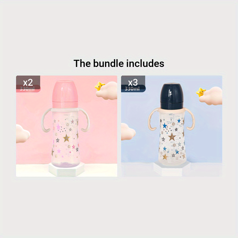 330ml Large Capacity Bottle with Wide Diameter, Handles, and Fall Resistant PP Material. Featuring a Cartoon Star Pattern, this is a Feeding Bottle ideal for Babies.