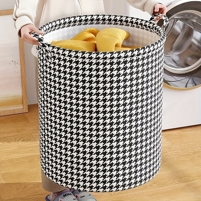 Large-capacity, foldable laundry basket made of non-woven houndstooth fabric. Perfect for organizing clothes and toys, this moisture-proof storage hamper can be used in the bedroom, bathroom, and even for moving and packing purposes.