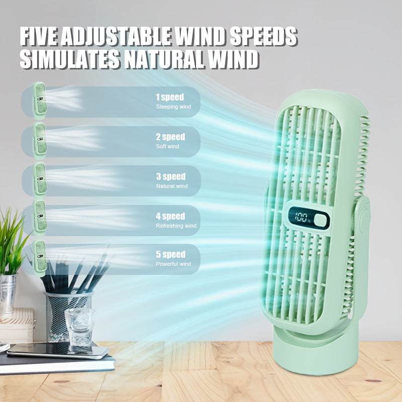 Get the 1pc Super Silent USB Rechargeable Desktop Tower Fan with 5 different speeds, a long-lasting battery, and powerful wind output. This fan features an LED display and a portable, bladeless design for safety. It is perfect for use in homes, offices