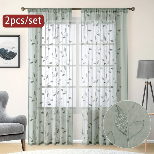 Two pieces of garden-style sheer curtains with an embroidered leaf pattern, featuring a rod pocket design. Made of polyester, these drapes are perfect for bedrooms, living rooms, and kitchens. They are machine washable and suitable for all seasons