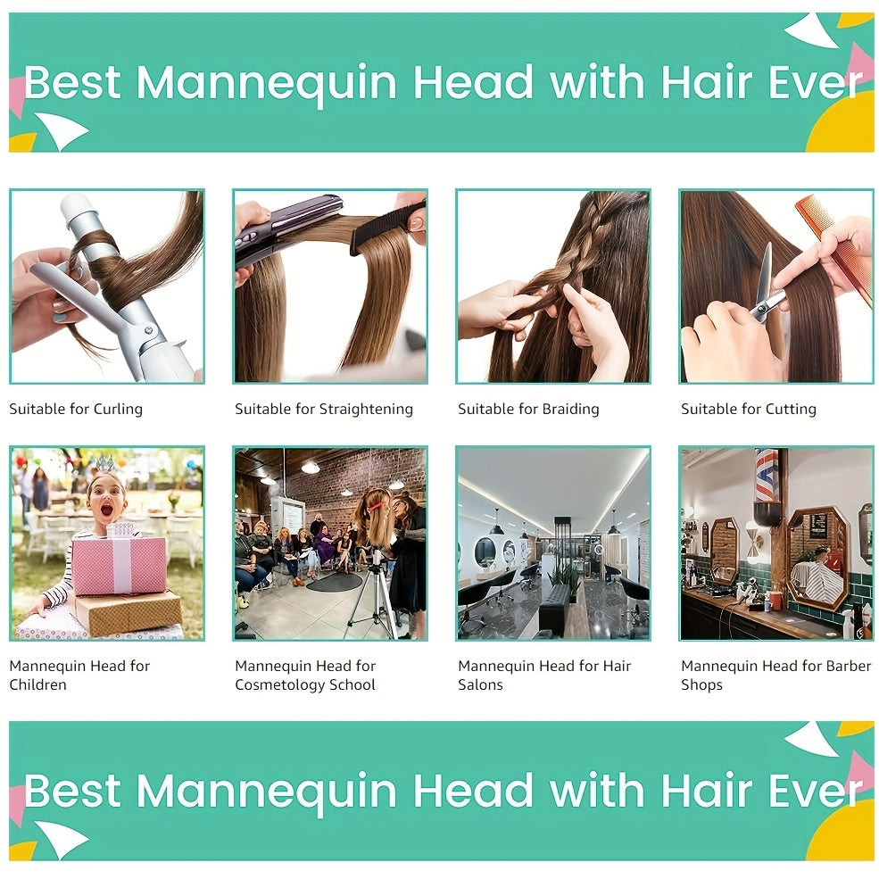 Mannequin head with real human hair for hairstylist training, includes free clamp holder