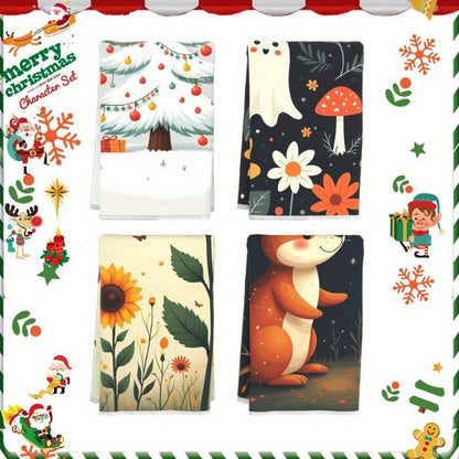 Set of 4 Winter Holiday Kitchen Towels, Size 45.72X66.04 cm, with Charming Snowmen, Snowflakes, and Christmas Deer Designs - Ideal for Gifting and Decorating.