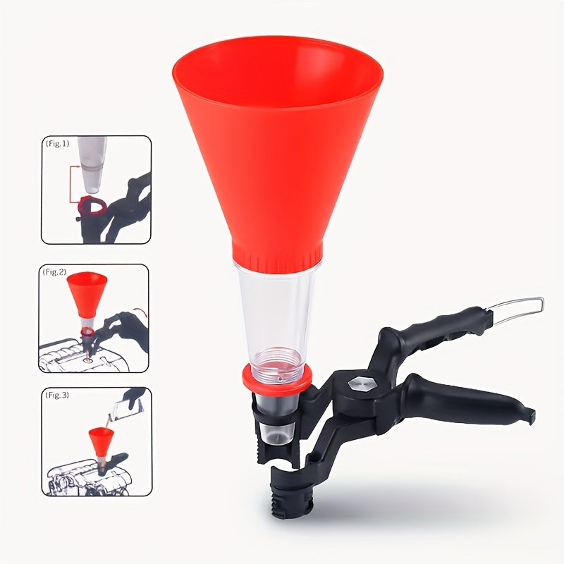 Universal funnel set for car engine oil filling, featuring adjustable width holding clamp and PVC plastic construction for versatile and efficient oil pouring.