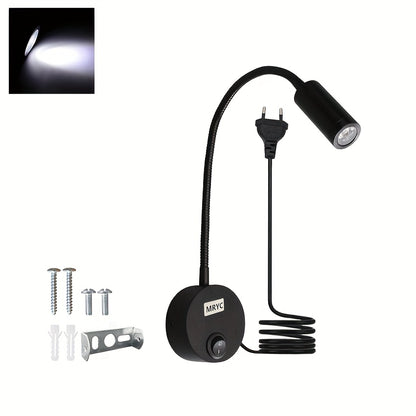 Wall-mounted reading light with flexible goose neck LED spotlight, plug and switch, suitable for bedroom, bedside, office, workbench, studio.