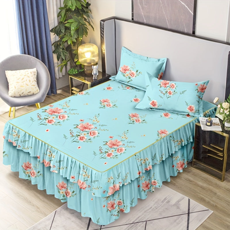 Set of 3 Macrame Bed Skirts with Flower Print, Suitable for All Seasons, with Universal Non-slip Design. Includes 1 Bed Skirt and 2 Pillowcases, Core not included.