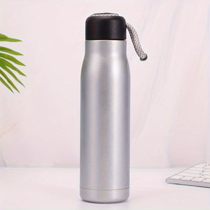 Personalized thermos bottle with laser-engraved text on stainless steel featuring rope design.