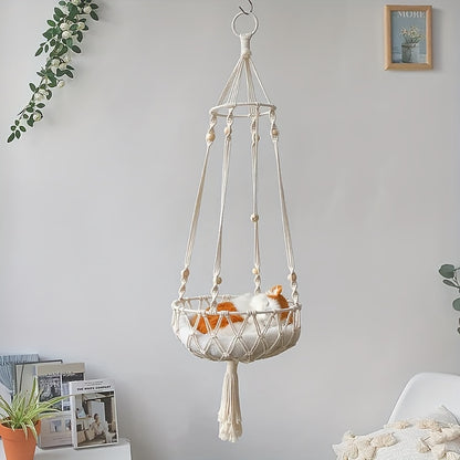 Woven rope cat hammock bed for indoor cats.