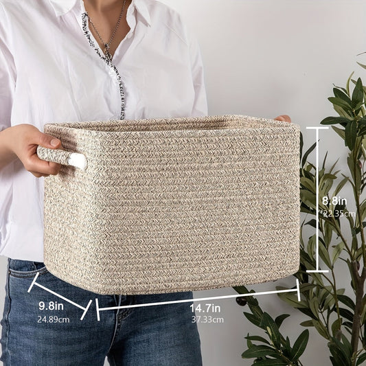 This multi-functional woven storage basket, measuring 37.59cm x 24.89cm x 22.35cm, is ideal for organizing bathroom towels, toys, nursery essentials, and laundry. Its versatile design makes it perfect for use as a weaved storage basket, shelf, cube, or