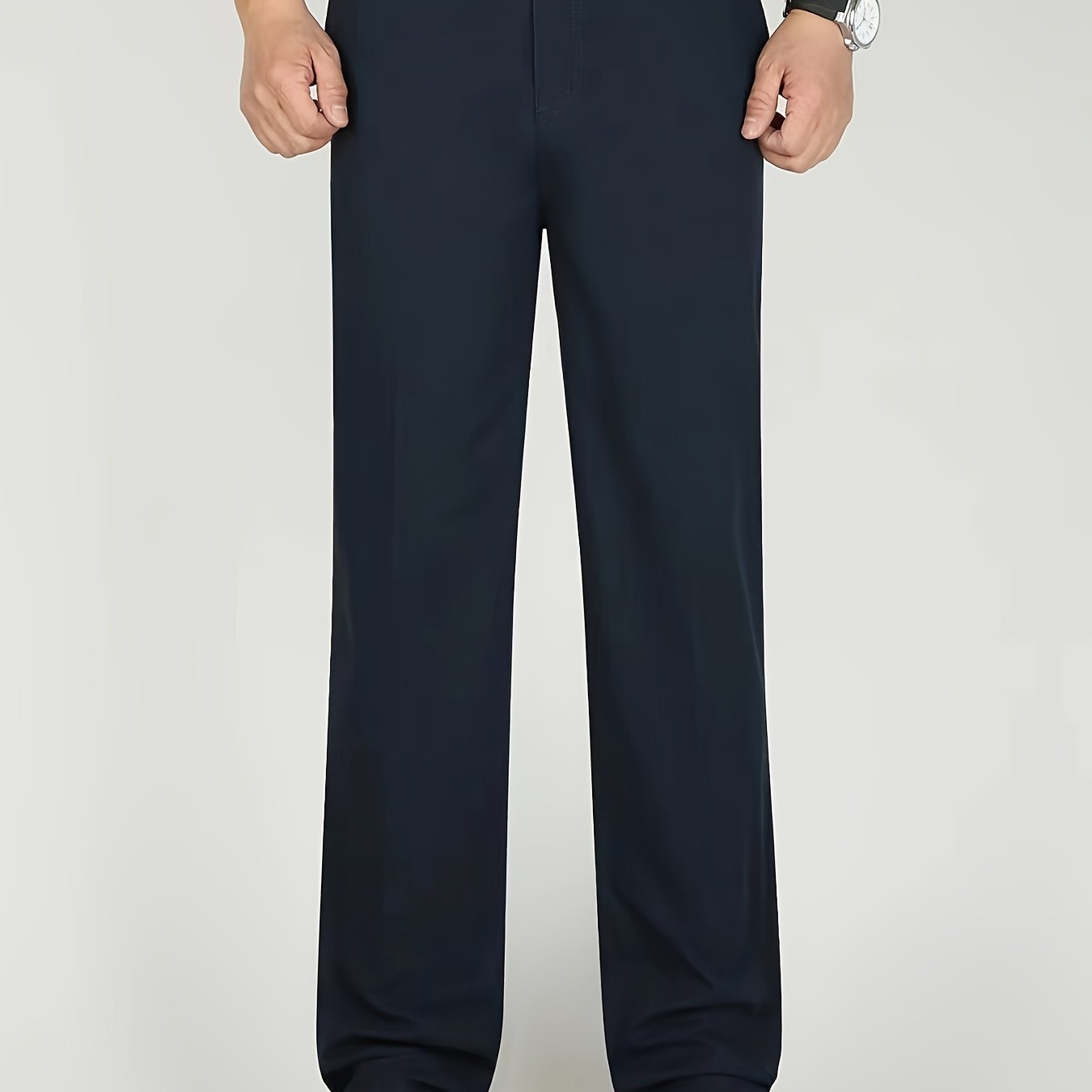 Men's solid straight leg business slacks with versatile draping, light business style.