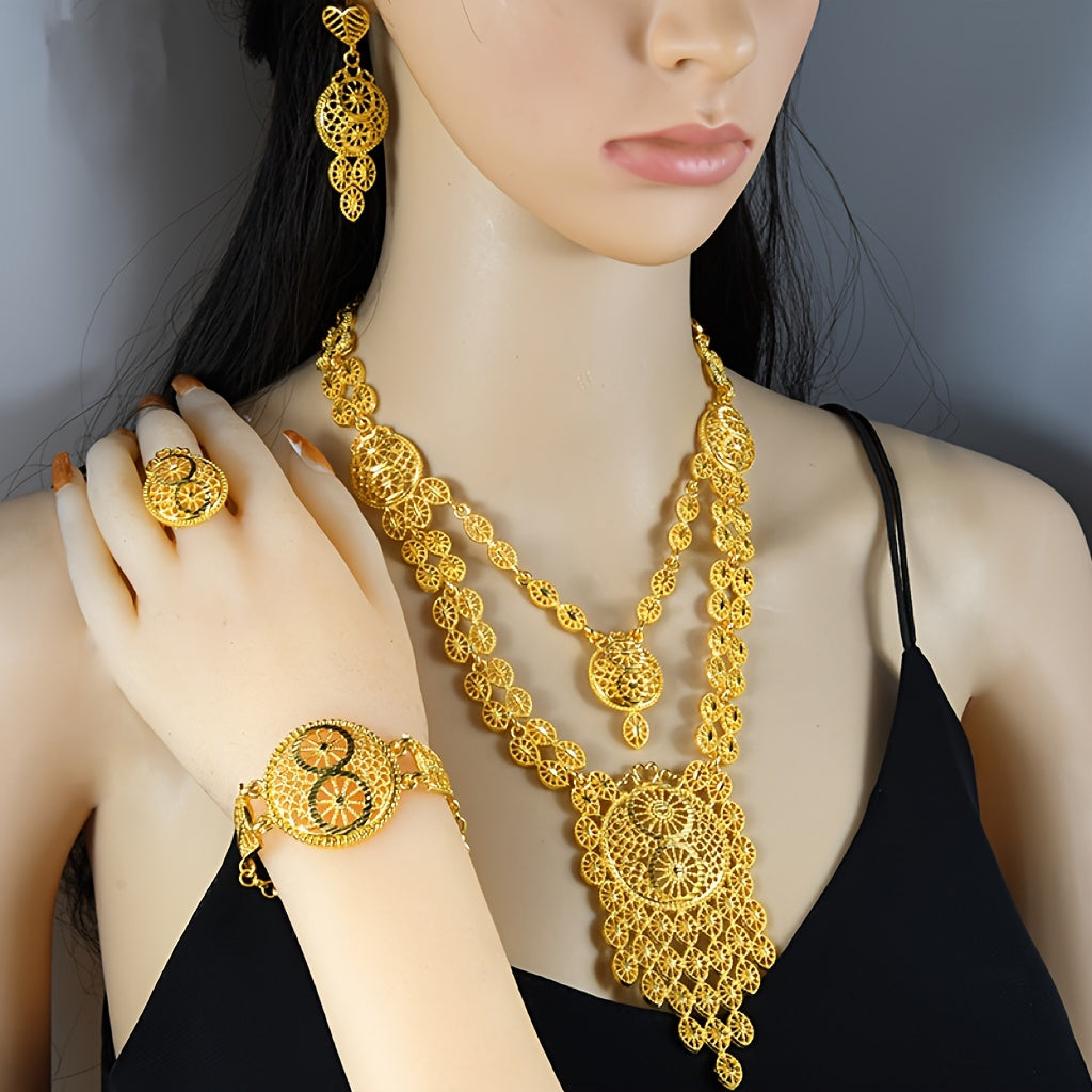 Extravagant 5-Piece Gold-Tone Jewelry Set with Intricate Hollow Carvings - Inspired by Bollywood Fashion, Includes Necklace, Earrings, Bracelet, and Ring - Ideal for Special Occasions like Weddings, Parties, and Ramadan Gifts for Women