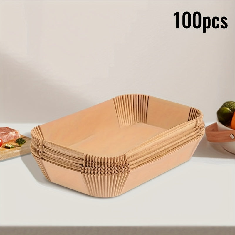 Large Rectangular Silicone Paper Air Fryer Liners - 50pcs/100pcs Available. Non-Stick, Easy to Clean, Space-Saving, and Oven Safe. Disposable Paper Baskets for Baking, Cooking, and Serving Food. Ideal Kitchen Tool for Home Chefs.