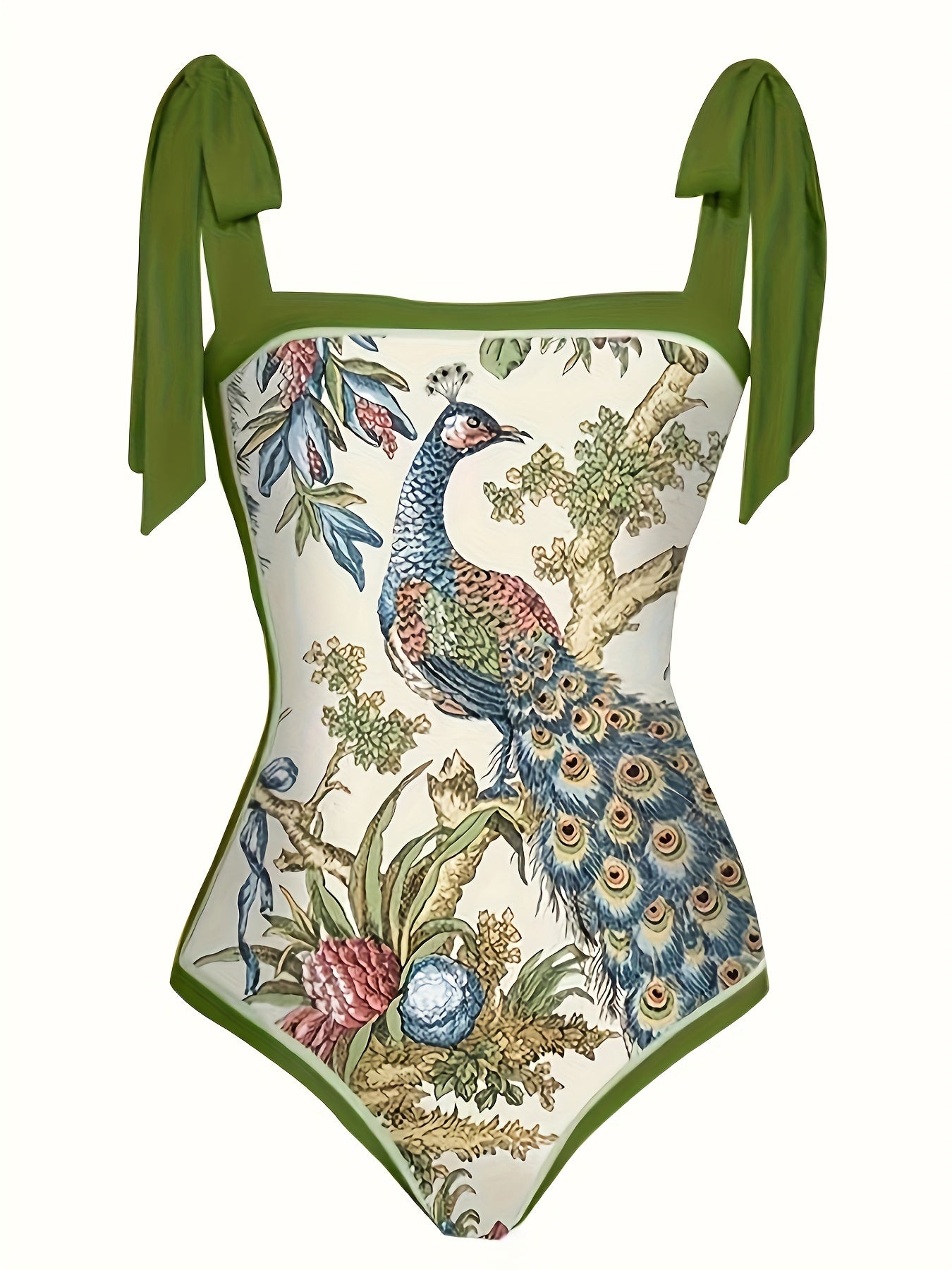 Two piece swimsuits with bird and floral print, tummy control one-piece bathing suit with bow tie shoulder straps, cover up skirt, swimwear and clothing for women.