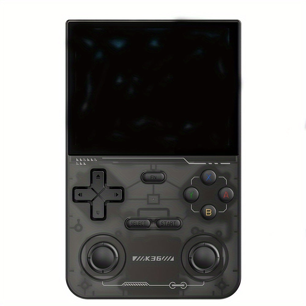 Open-source portable gaming console with long battery life, 3.5-inch HD screen, 64GB TF card, OTG adapter, USB charging cable, and multi-language support.