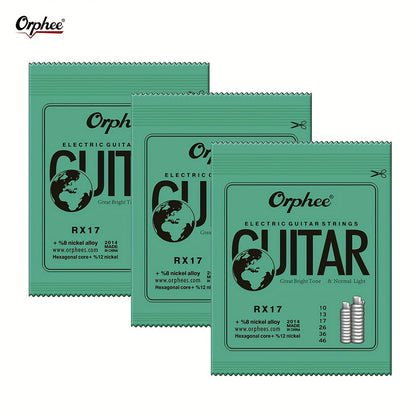 3 Sets of 6 strings each, ranging from 0.23-1.27mm, RX Practice Series hexagonal carbon steel electric guitar strings for 6 string guitars.