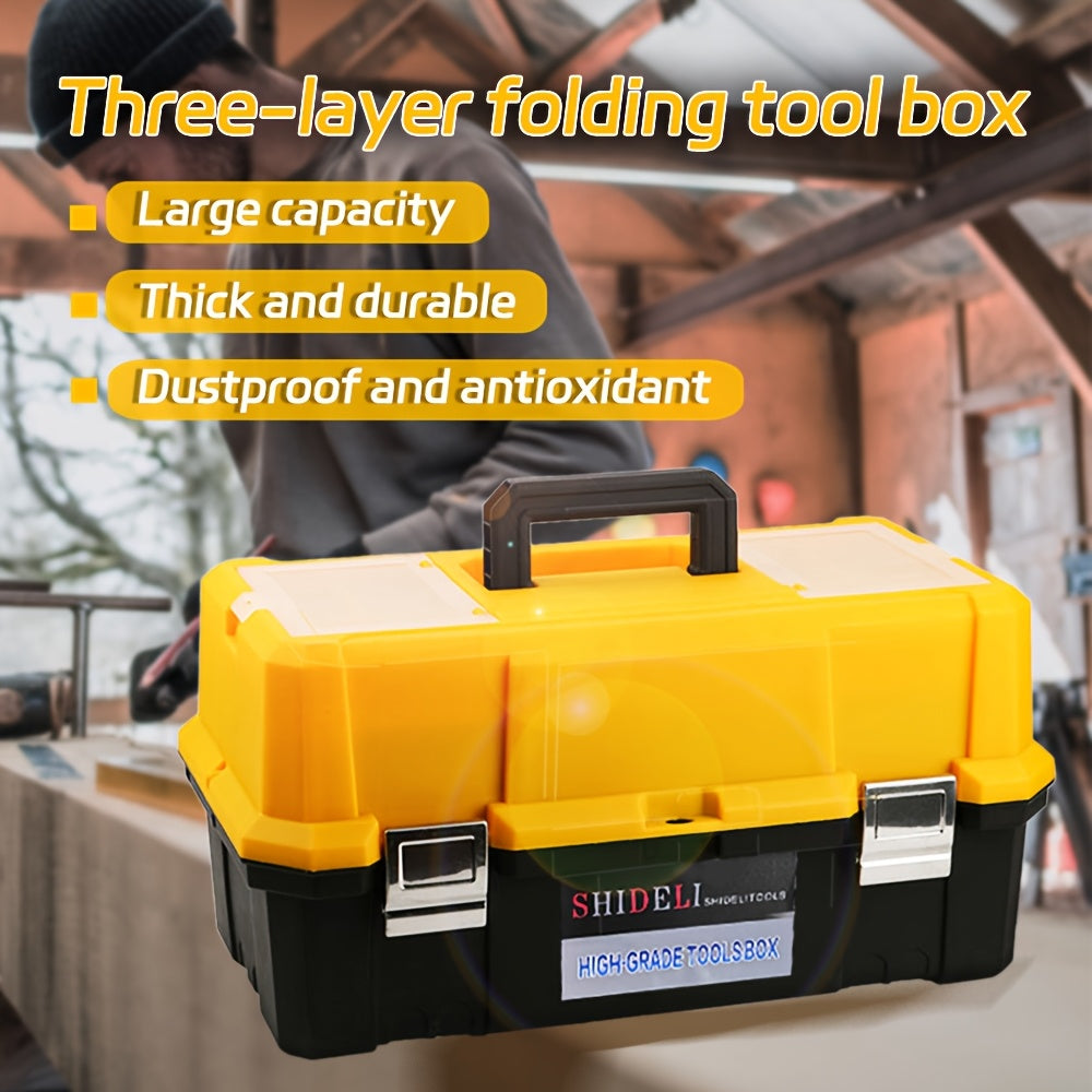 Waterproof 3-Tier Plastic Toolbox Organizer, 18/21 Inch - Portable Storage Case for Home, Black/Yellow.