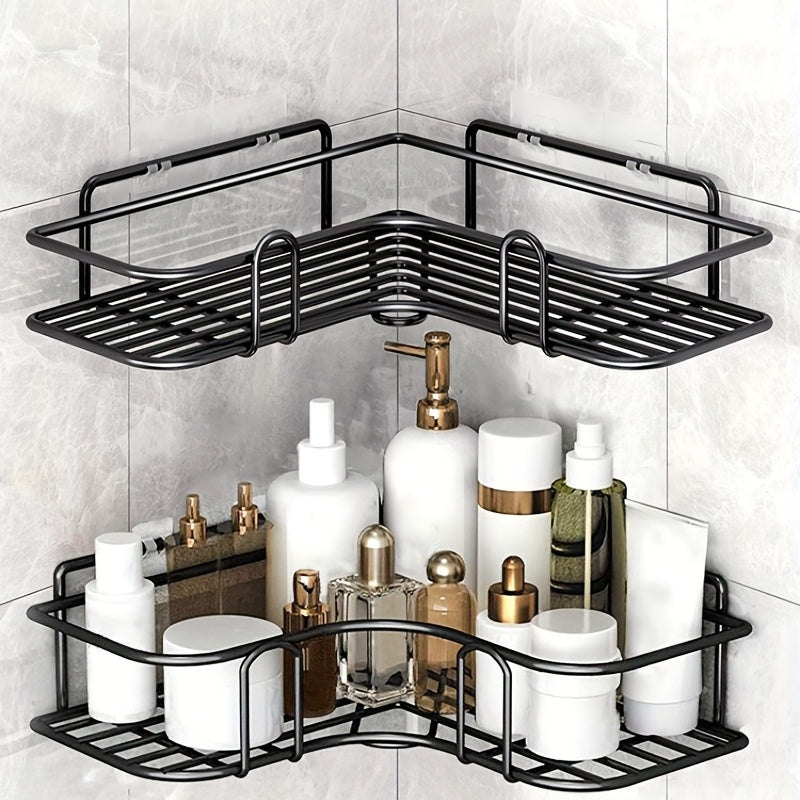 Wall mounted bathroom storage rack for organized bathroom accessories without punching holes.