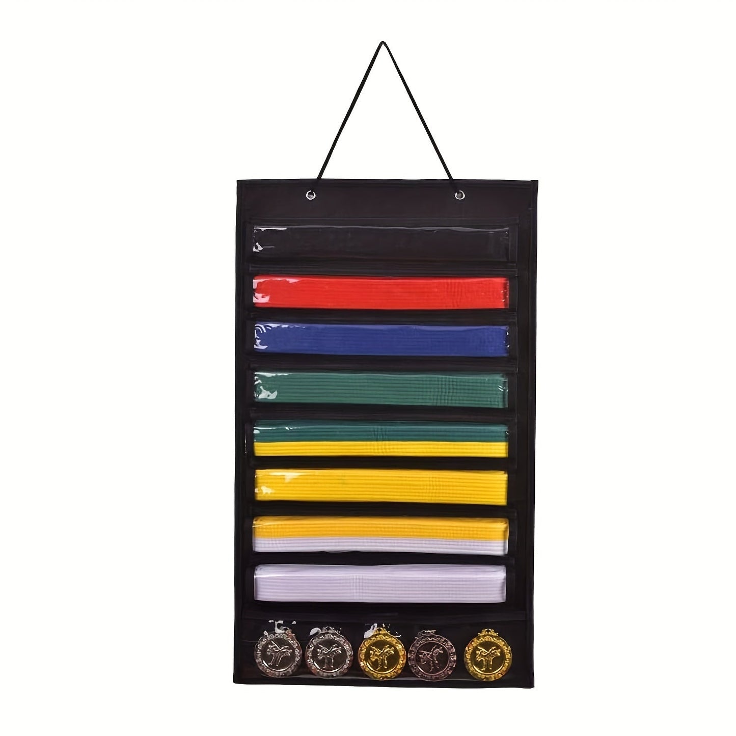 Display your martial arts belts and medals with pride on this durable felt organizer. With 9 clear pockets, this rack can hold up to 8 belts and 5 medals. Easy to install on your wall, this decorative piece is perfect for karate and taekwondo enthusiasts.