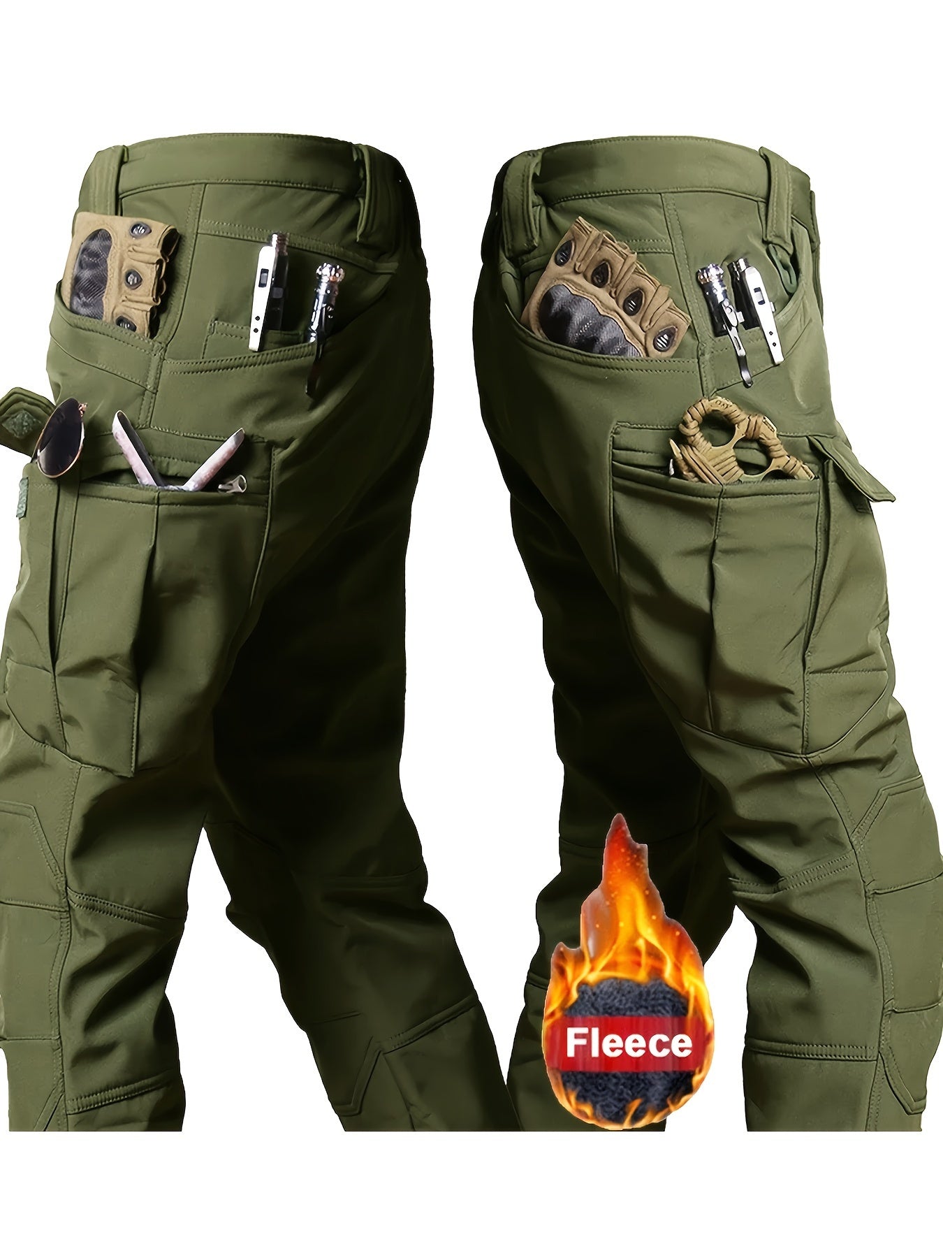 Men's tactical jacket and cargo pants set with fleece lining - perfect for outdoor activities in cold weather.