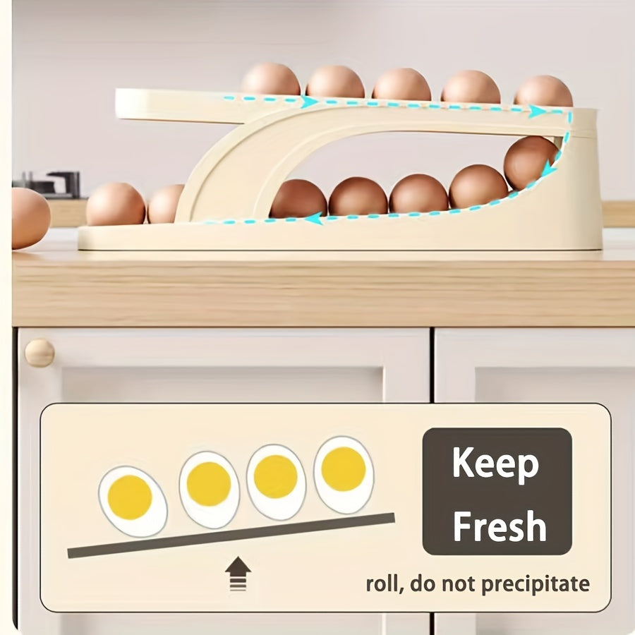 Refrigerator Rolling Egg Tray Holder with Slide Design, Kitchen Organizer for Easy Egg Storage. Automatic Rolling Egg Cooker for Convenient Cooking. Anti-Fall Egg Storage Box for Kitchen Table. Essential Kitchen Supplies.