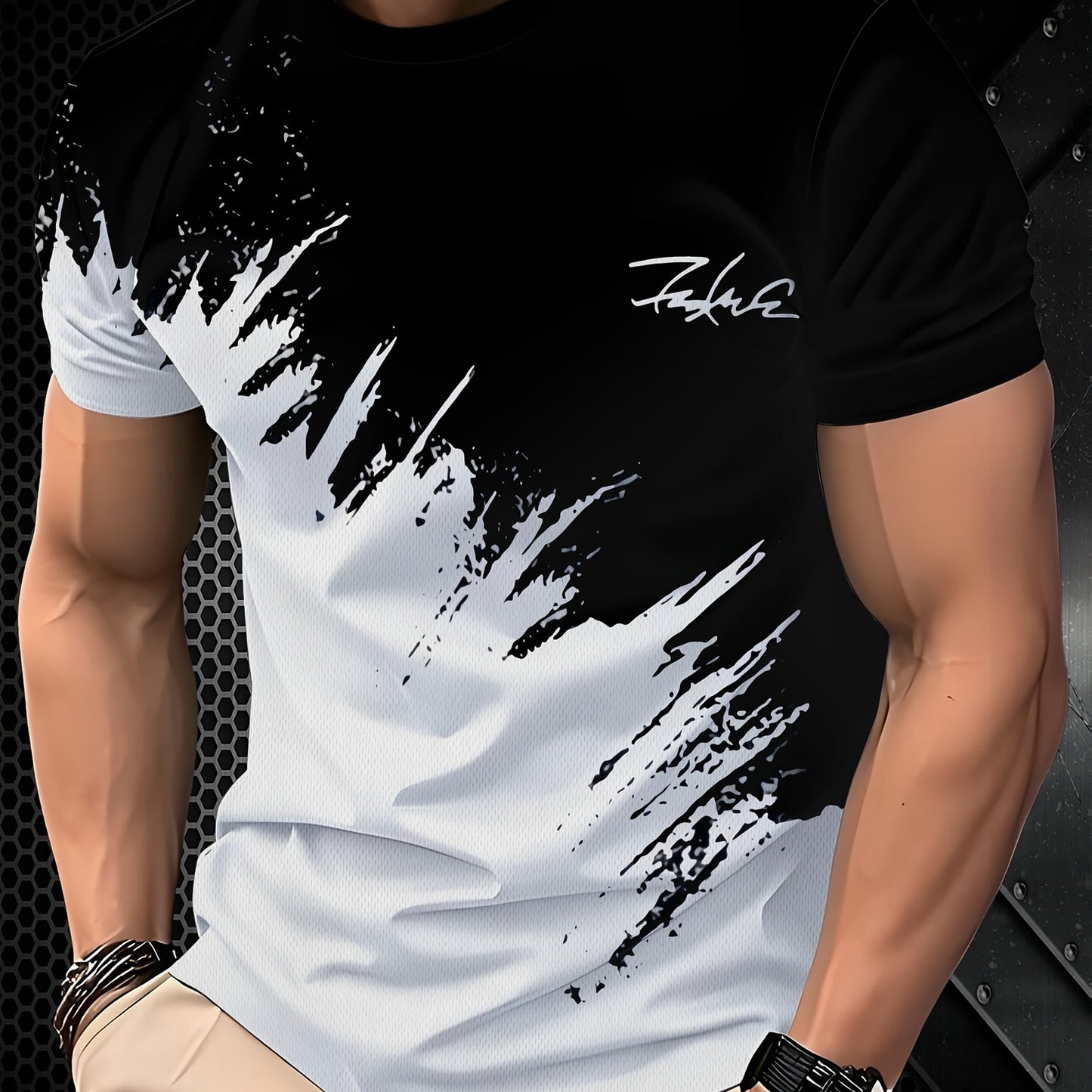 Men's black and white color-blocked graphic T-shirt, 3D print, casual summer wear for outdoors (Middle East)