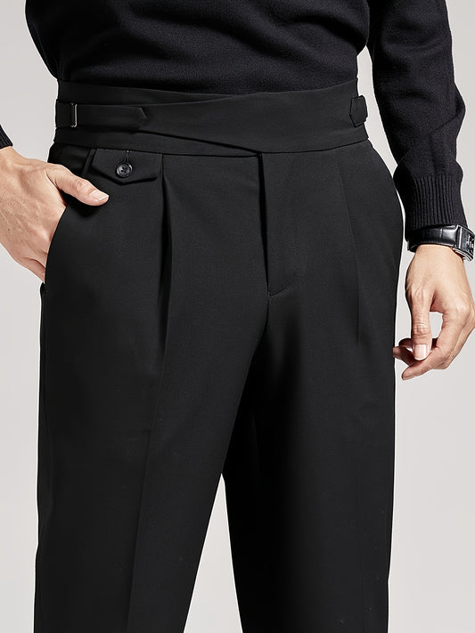 Men's black cropped suit pants: Business casual, stretch fabric, machine washable for all seasons.