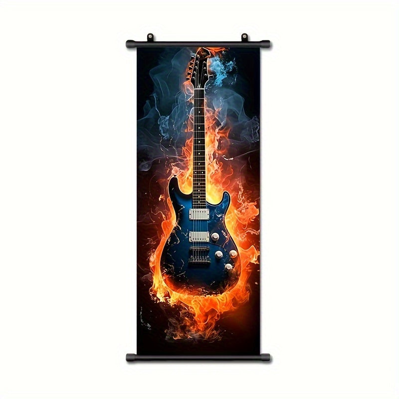 Single piece music-themed hanging scroll featuring a flame guitar, ideal for wall decor in bathrooms, bedrooms, and living rooms. Dimensions: 40.64cm x 99.06cm. Aesthetic addition to any room.